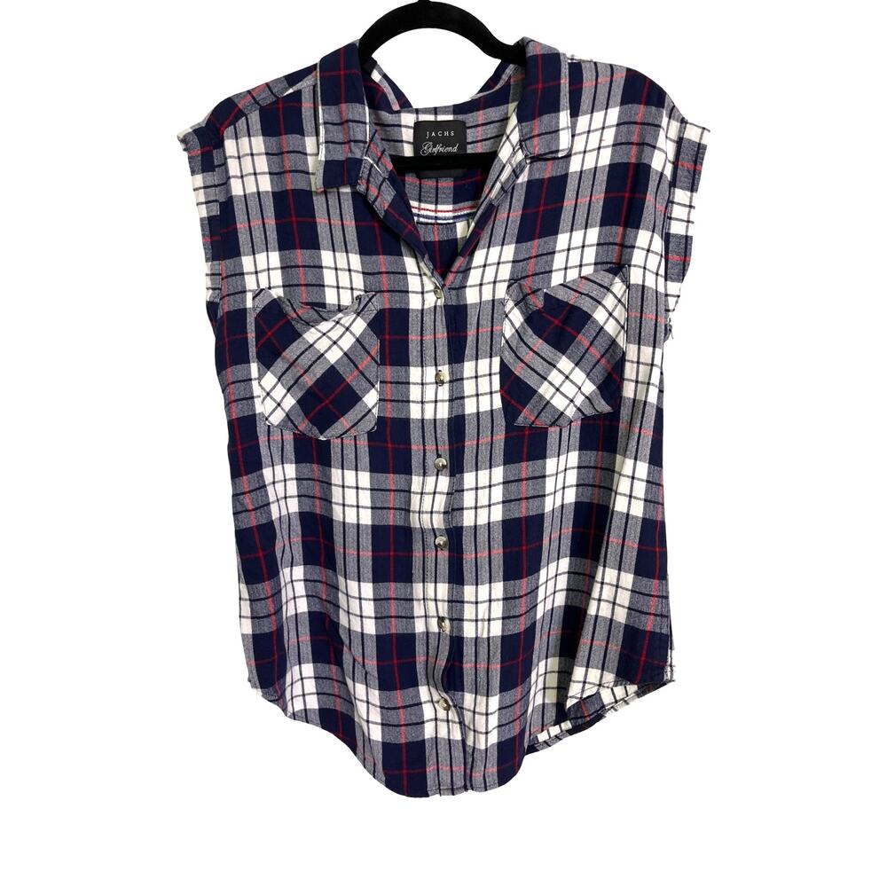 Jachs Girlfriend Plaid Sleeveless Button Front Rayon Top Blue Red Small